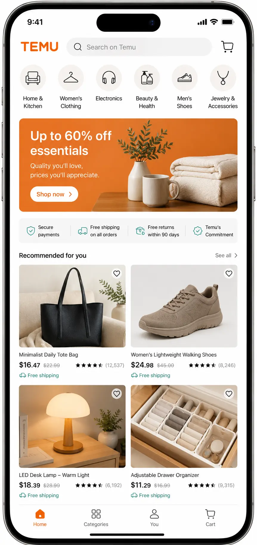 TEMU redesigned home feed screen