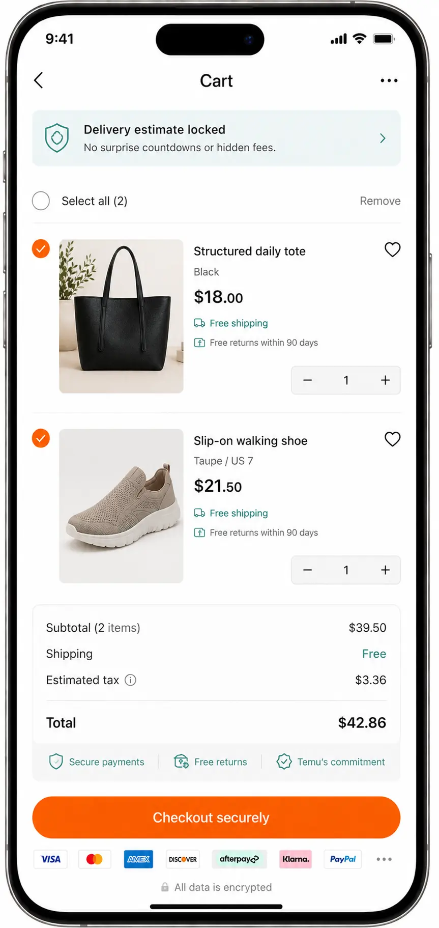 TEMU redesigned shopping cart screen