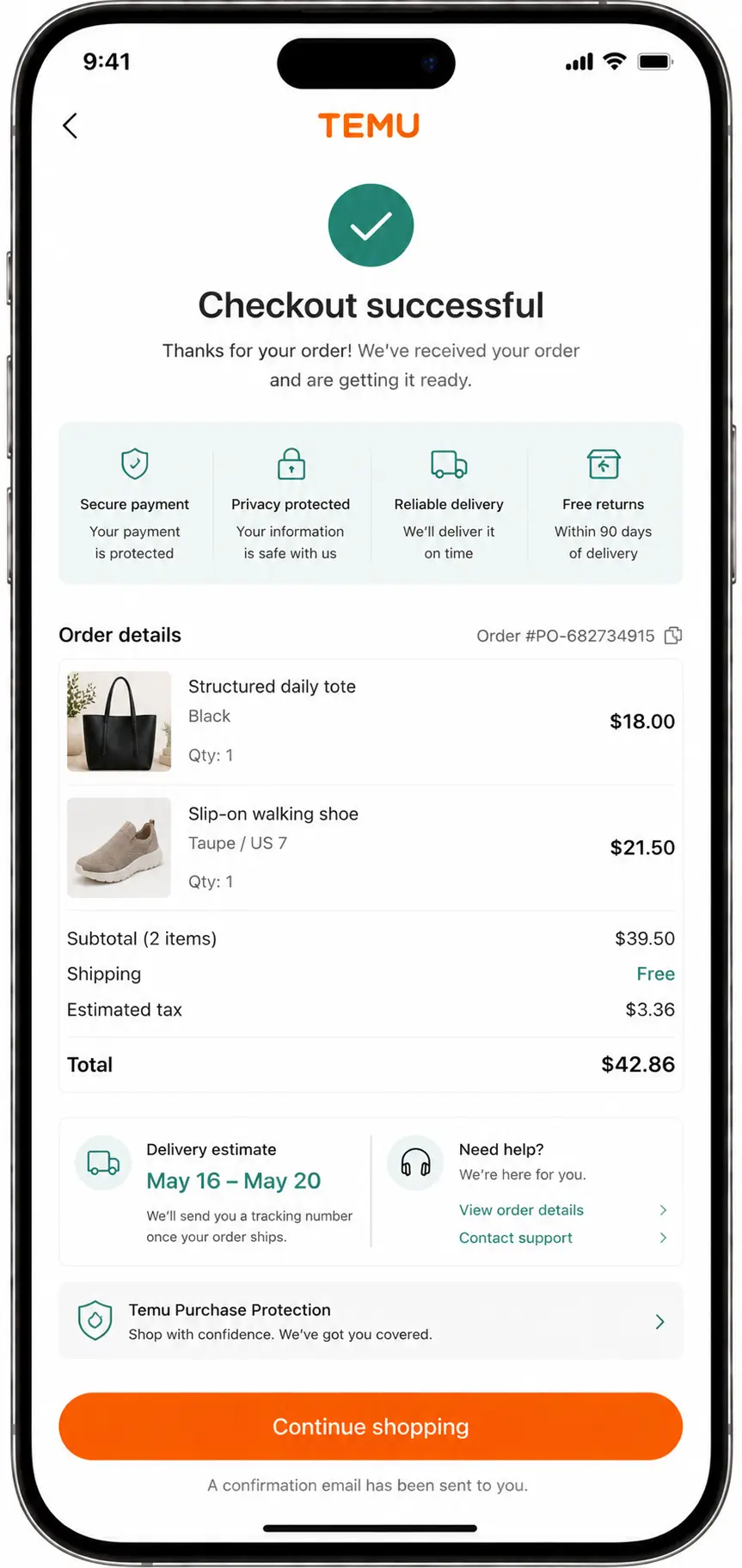 TEMU redesigned checkout confirmation screen